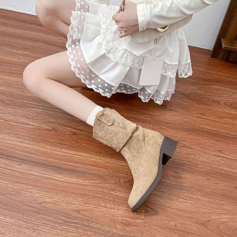 Vintage Internal Height Increase Short Women, Autumn and Winter Slouch Chelsea Slim Boots, Chunky Heel Soft Surface Martin Boots for Women
