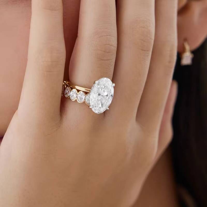 10k Yellow Gold Lab Grown Oval Cut Diamond Romantic Eternity Ring Unique Design High Shine Lab Diamond Ring