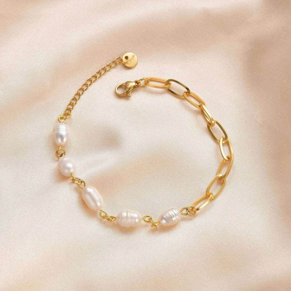 Akizoom Vintage White Bead Women Bracelets Gold Color Star Bracelet Stainless Steel Charm Wedding Bangle Mom Birthday Party Gift 25H1229