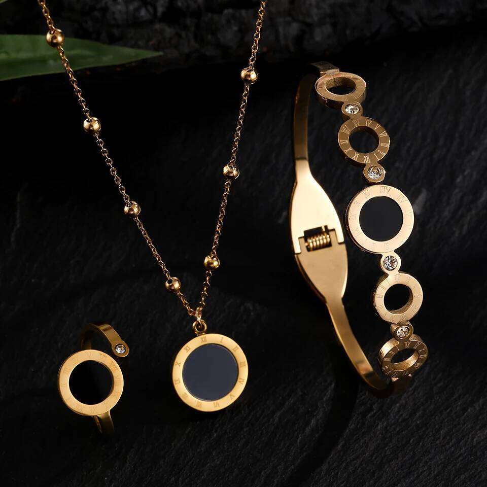ZAKOL 3Pcs Fashion Roman Numerals Bracelet Ring Necklace Sets for Women Black Shell Hollow Circle Inlaid Zircon Jewelry Gift