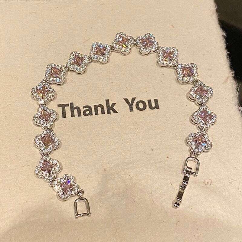 Bracelet For Women 2026 Luxurious Pink Clover Zircon Bracelet, Spring Summer Korean Style New High Value Brightening Trendy Gift Jewelry