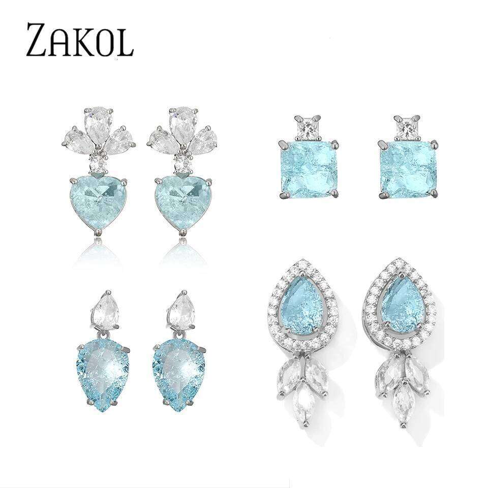ZAKOL Romantic Light Blue Zircon Earrings for Women Girls Shiny Geometric Water Drop Crystal Wedding Jewelry Gift