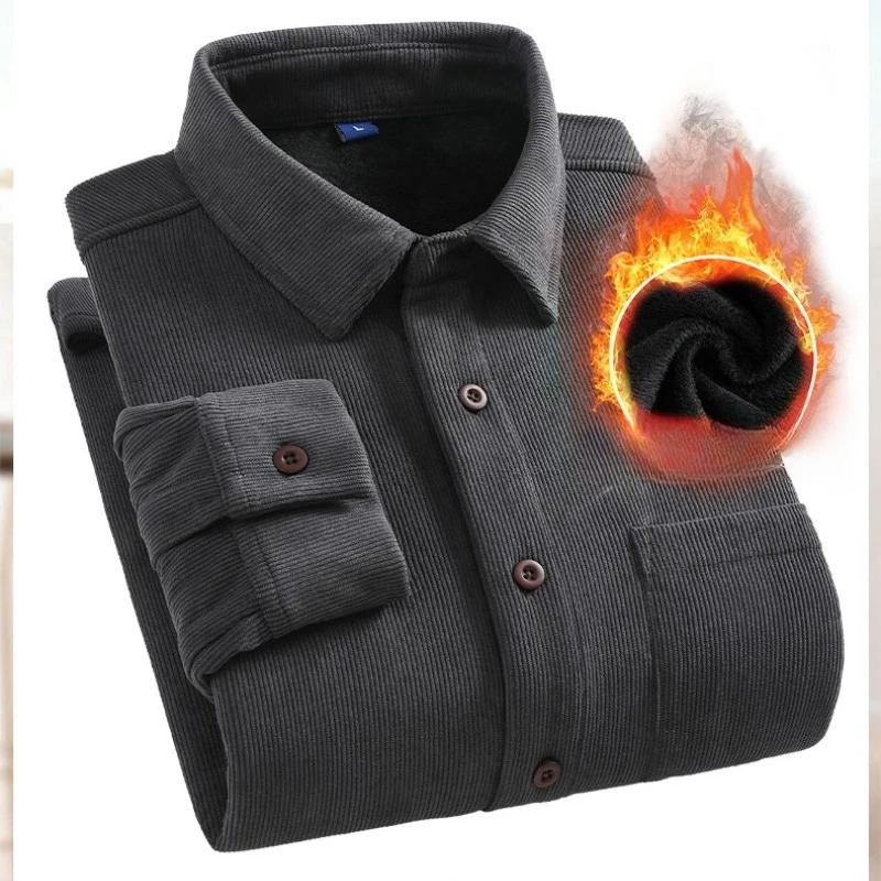 Mens Long Sleeve Fleece Lined Corduroy Shirts Flannel Fur Lined Formal Shirts Fleece Business Casual Shirt for Men Dress Shirts 251224