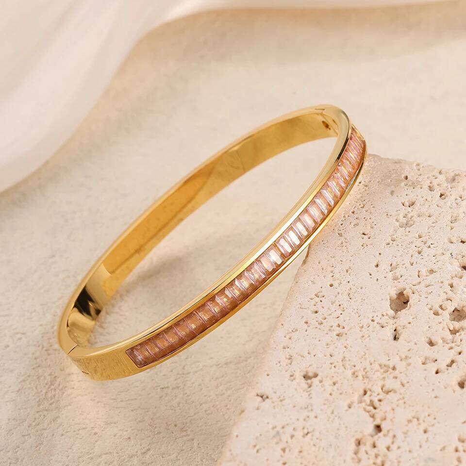 ZAKOL Luxury Pink Geometric Zircon Stainless Steel Bracelets for Women Gold Color Open Bangle Anniversary Jewelry Gifts 2025 New