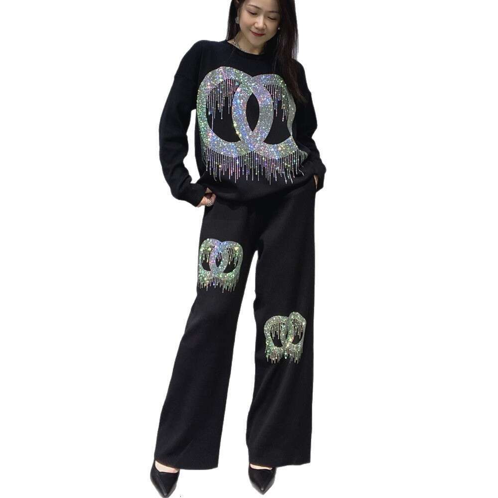 European American Fashion Rhinestone Knitted Sweater Two-Piece Women's Spring And Autumn New Casual Wide-Leg Pants Plus Size Set