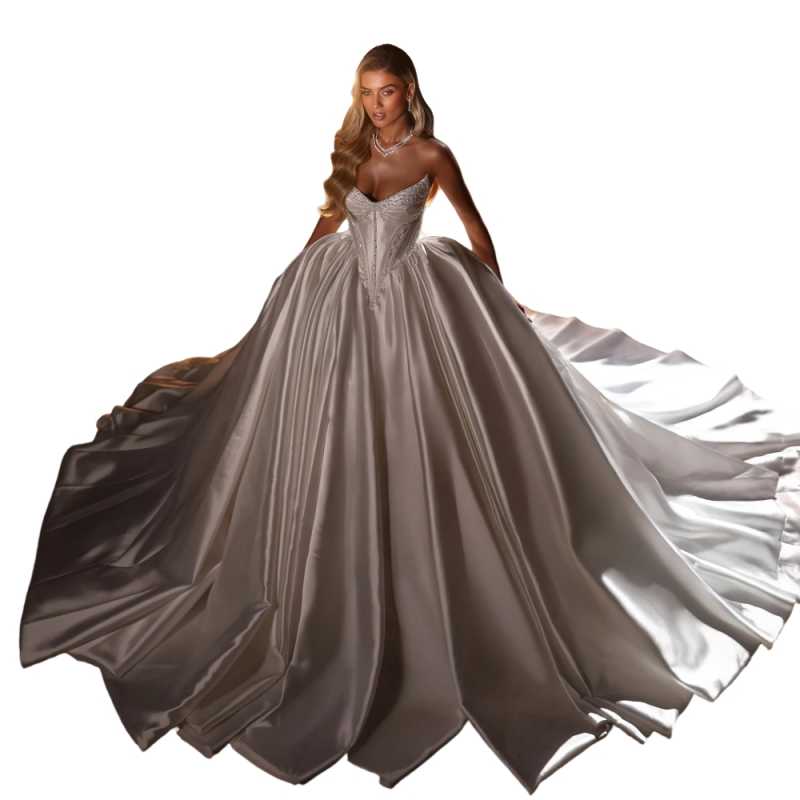 Gorgeous Ball Gowns Bride Dress Beaded Pearls Strapless Wedding Dresses Luxury Pleats Big Sweep Train Bridal Skirt Customized