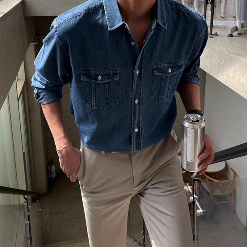 Streetwear Mens Denim Shirts Fashion Patchwork Pockets Long Sleeve Jean Shirt for Men Vintage Solid Color Button Denim Cardigans 251224