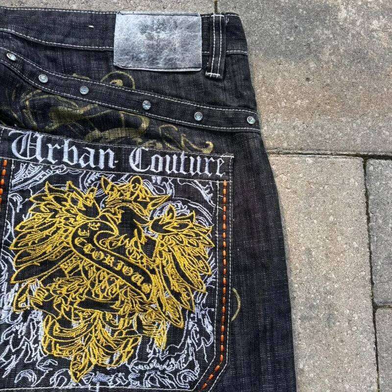 Y2K New American Fashion Oversize Pattern Embroidery Printing Baggy Jean Male Gothic Hiphop Vintage High Waist Wide Leg Trousers