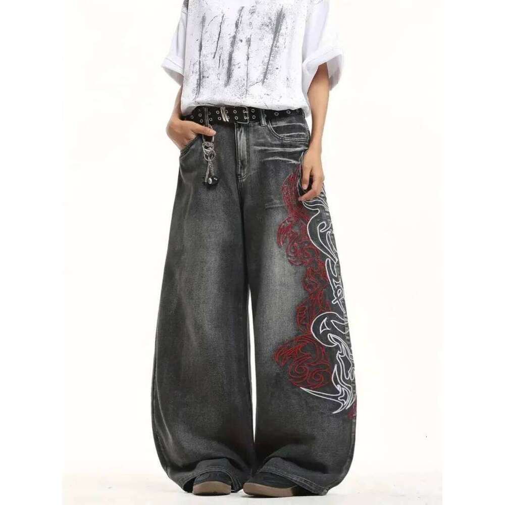 Y2K American New Pattern Embroidery Baggy Jeans Men High Streetwear Vintage Hip Hop Fashion Casual Joker Couple Wide-leg Pants