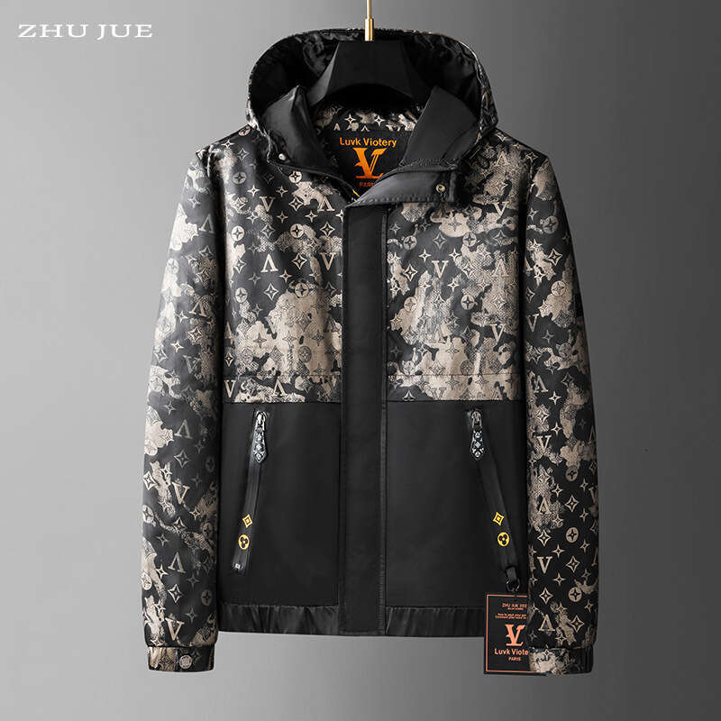 High-End Clothing 2025 Spring And Autumn New Hooded Jacket Light Luxury Printed Trendy Coat Men's Top