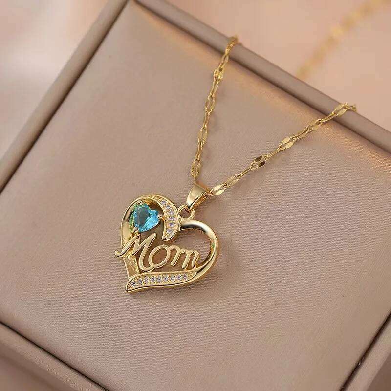 ZAKOL New Stainless Steel Chain Heart Pendant Necklace Shiny Zircon MOM Letters Design Luxury Mother's Day Gift