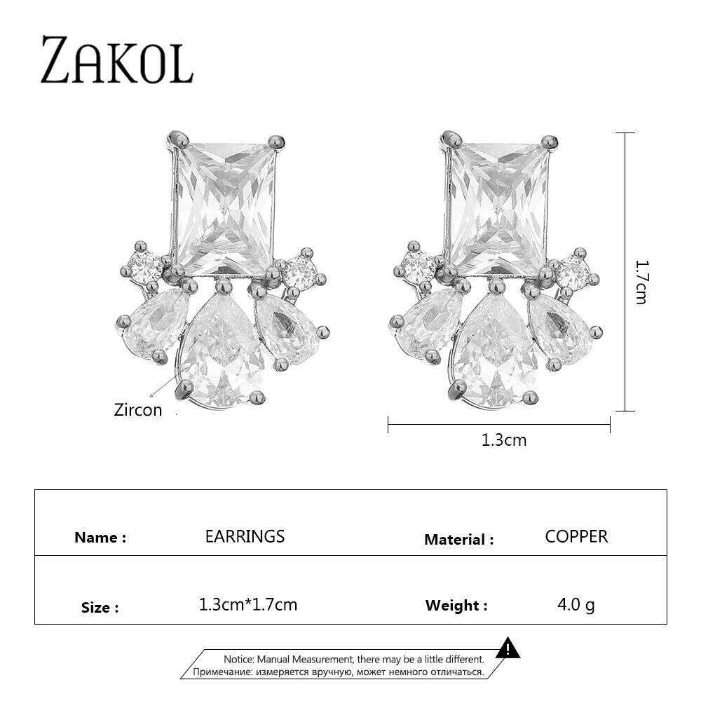 ZAKOL Fashion Colorful CZ Flower Stud Earrings for Women Square Cubic Zirconia Girls Ear Wedding Party Jewelry