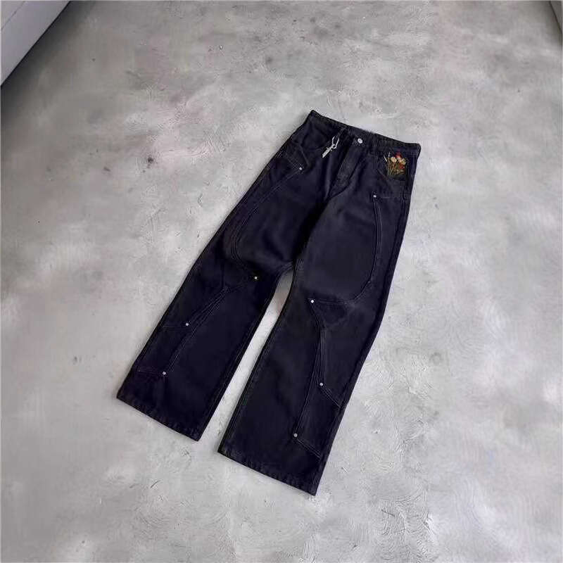 European and Cross-Border American High Street Fashion Trendy Style Jeans Elastic Versatile Embroidered Vintage Personality Straight Long Pants