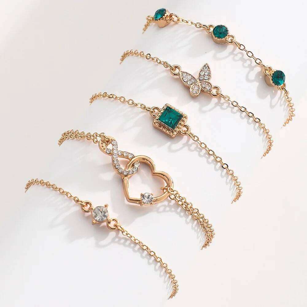 5Pcs/Set Halloween Heart Green Crystal Stone for Women Gold Color Lovely Butterfly Rhinestone Girls Bracelet Set 25H1229