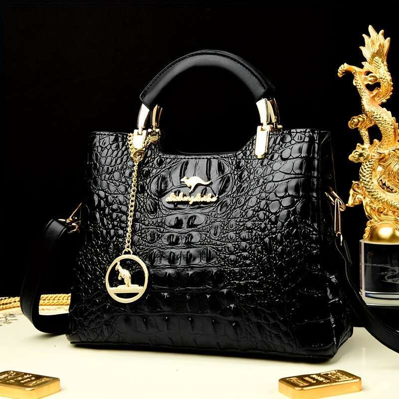 JINXIANGGUO Luxury Green Crocodile Embossed Handbag For Wo Elegant Shoulder Purse With Detachable Strap Golden Tone Hardware And Sophisticated Chain D