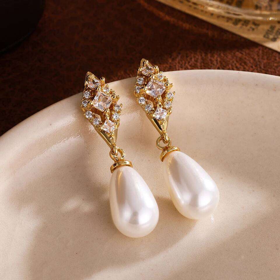 ZAKOL Fashion Geometric Zircon Teardrop Pearls Bridal Earrings Sliver Gold Color Banquet Party Accessories Jewelry Gift