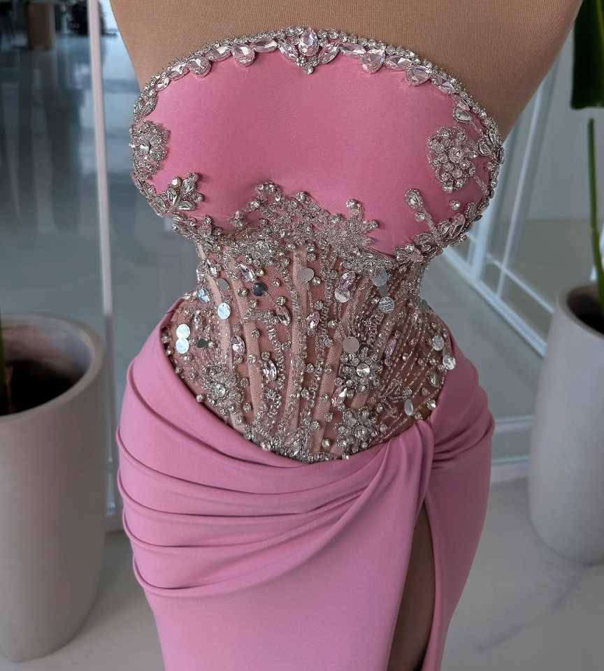 Gorgeous Crystals Evening Dresses Strapless High Slit Mermaid Prom Gowns Floor Length Formal Party Customized