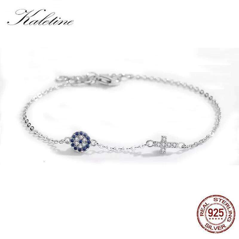 Kaletine Charm Blue Evil Eye Cross Bracelet 925 Sterling Silver Small Bracelets For Women Hamsa Good Luck CZ Jewelry KLTB056 25H1229