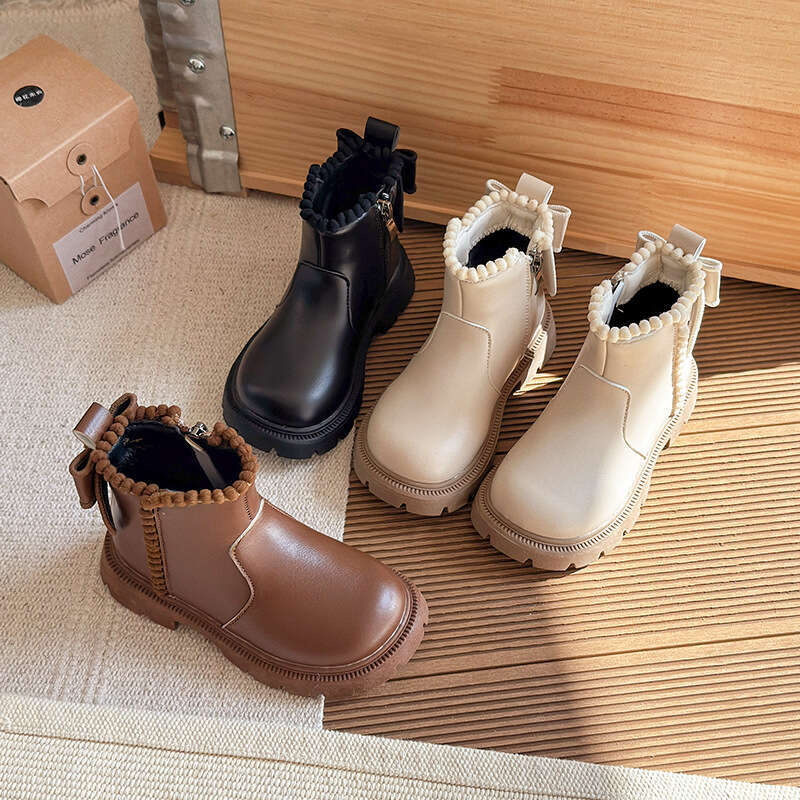 Children's British Style Short 2025 Autumn Winter New Korean Version Girls' Soft Sole Princess Martin Fleece Lined Leather Boots