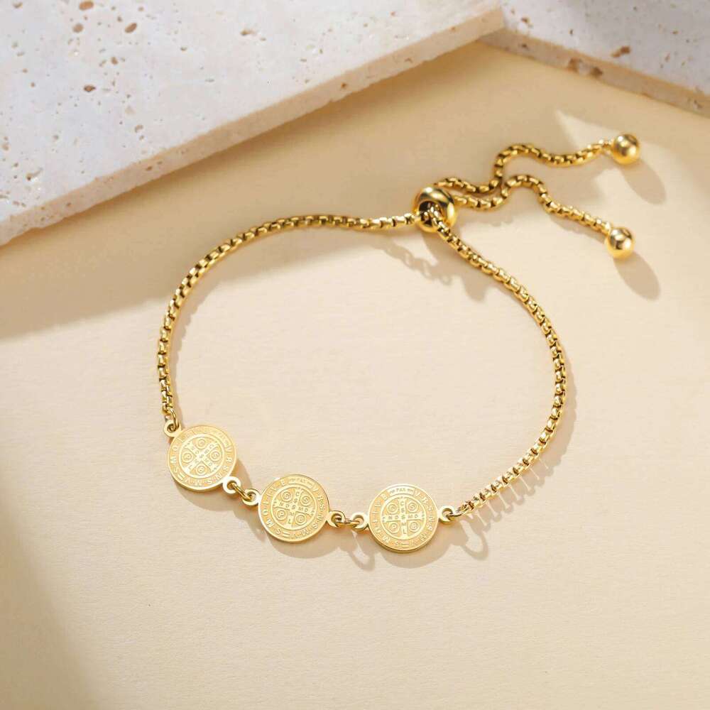 Double-sided Saint Benedict Exorcism Cross Charm Women Stainless Steel Gold Color Adjustable Box Chain Bracelet Jewelry 25H1229