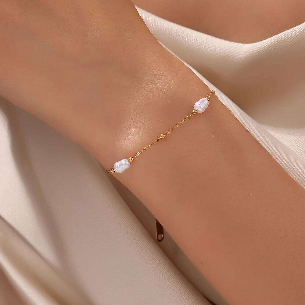 316L Stainless Steel Bracelet For Women Gold Color Pearl Beads Chain Bracelets Jewelry 25H1229