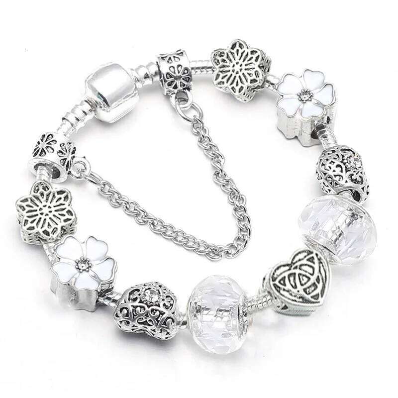 BAOPON Hot Sale White Crystal Flower Dangles Charm Plant Beads Brand Bracelet For Women Men Couple Anniversary Jewelry 25H1229