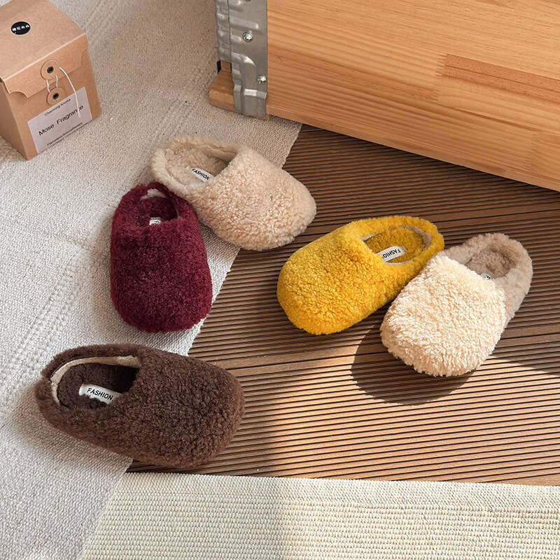INS French Style Closed-Toe Cotton 2025 Winter New Korean Version Girls Slip-On Fleece-Lined Warm Furry Slippers