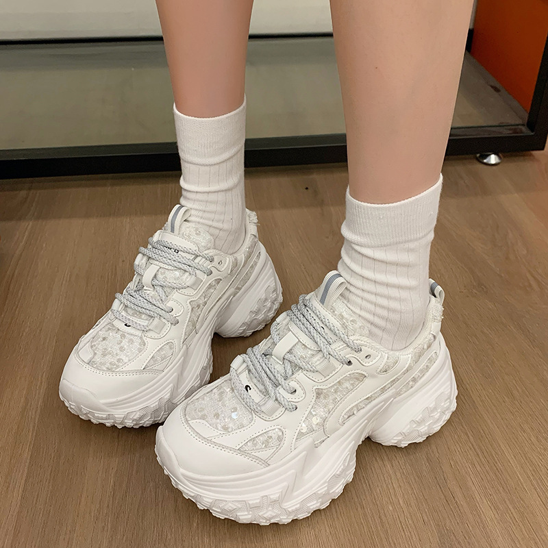 2026s Spring and Summer New Design Women Mesh Sequin Casual Shoes Tire Thick Sole Trendy Fashion Sports Shoes White Silver Black Free Shipping Size 35