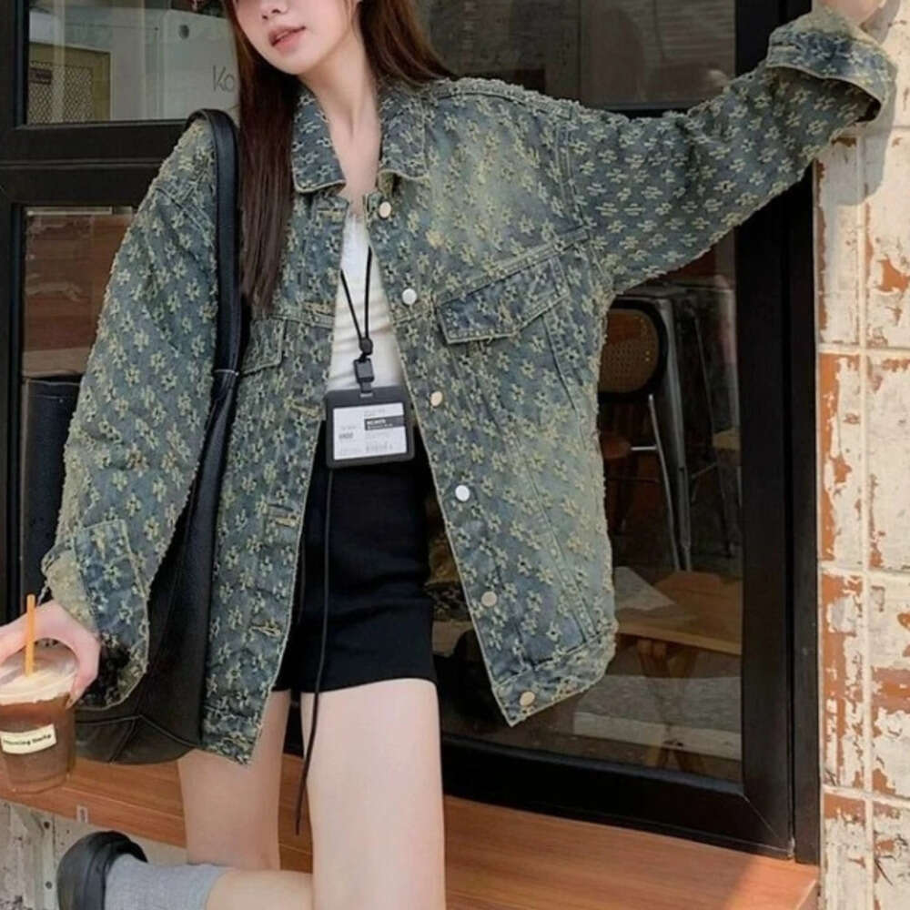 Women's Autumn Premium Jacquard Denim Jacket - Sweet & Designer Fashion 2026 Edgy Street Style, Vintage Relaxed Fit Biker Outerwear