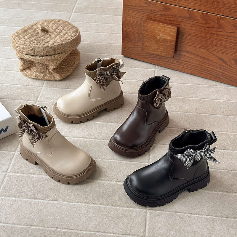 INS French Style Leather 2025 Autumn Winter New Korean Version Girls' Houndstooth Bow Martin Fleece-Lined Short Boots