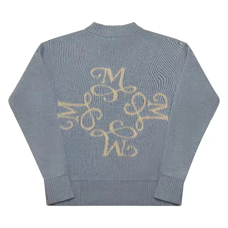 Y2K Sky Blue Long Sleeve Sweater Signature M Symbol Pattern Sweater Trendy Vintage Autumn Winter Unisex Oversized Clothing 251226