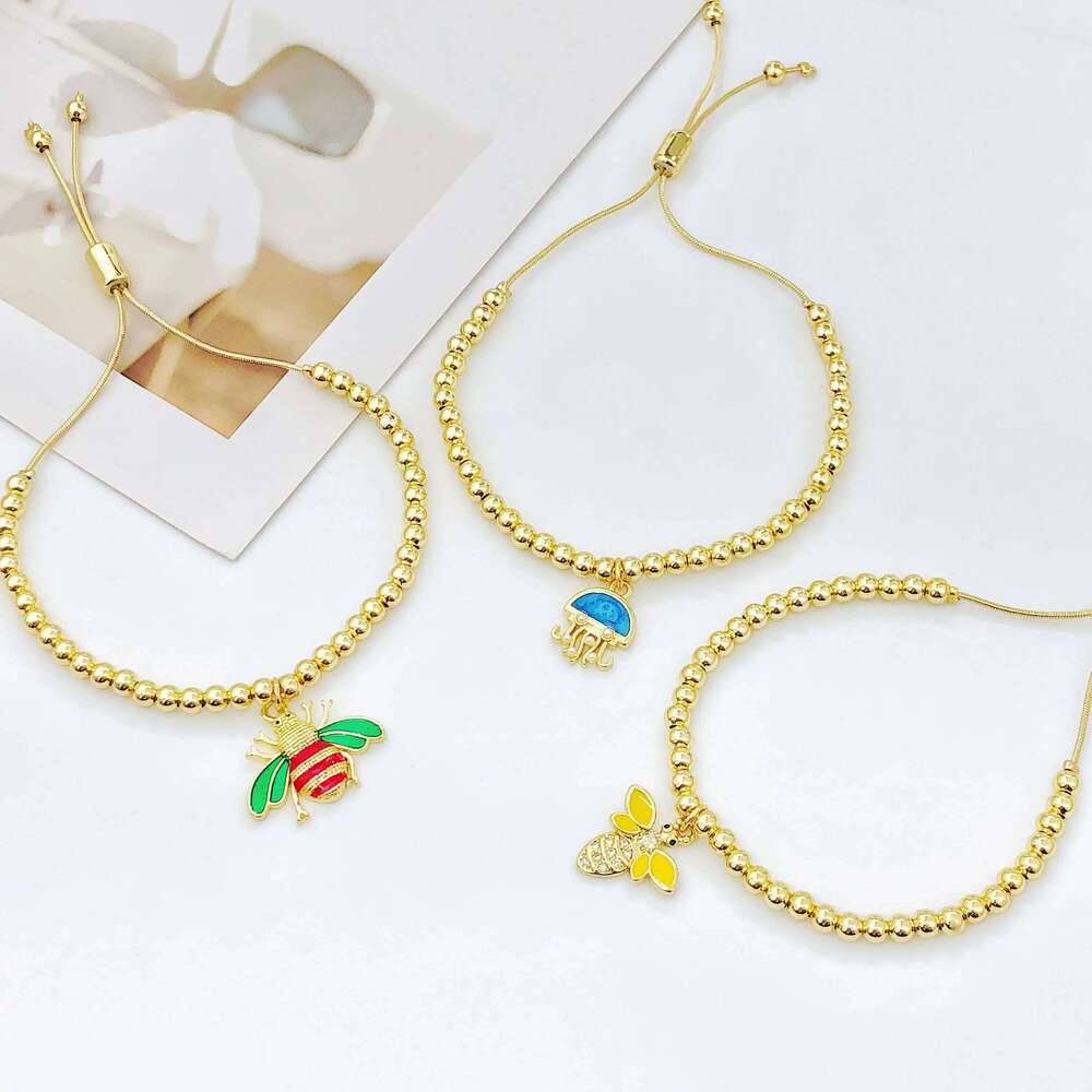 Gold-Plated Copper Bead Chain with Enamel Bees Jellyfish Koi Fish Bracelet for Women Girls Holiday Party Fashion Jewelry Gift 25H1229