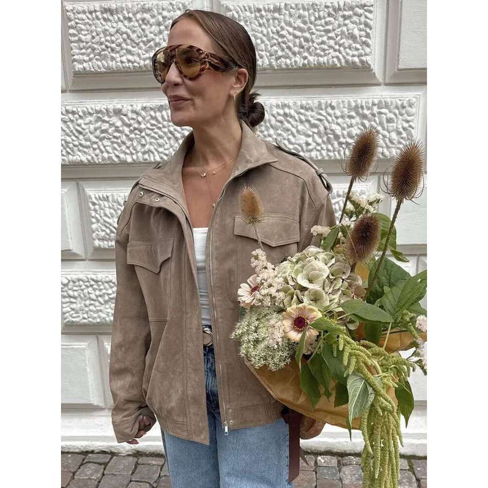 Brown Oversized Suede Women Fashion Long Sleeve Pockets Zipper Loose Bomber Jacket 2025 Winter Lady High Street Outwear