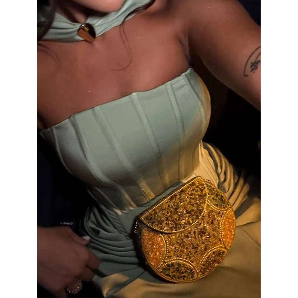 Strapless Waist Cinching Long Dress Woman Slim Neck Hanging Pleated Solid Color Dresses Elegant Women's New Evening Party Robes