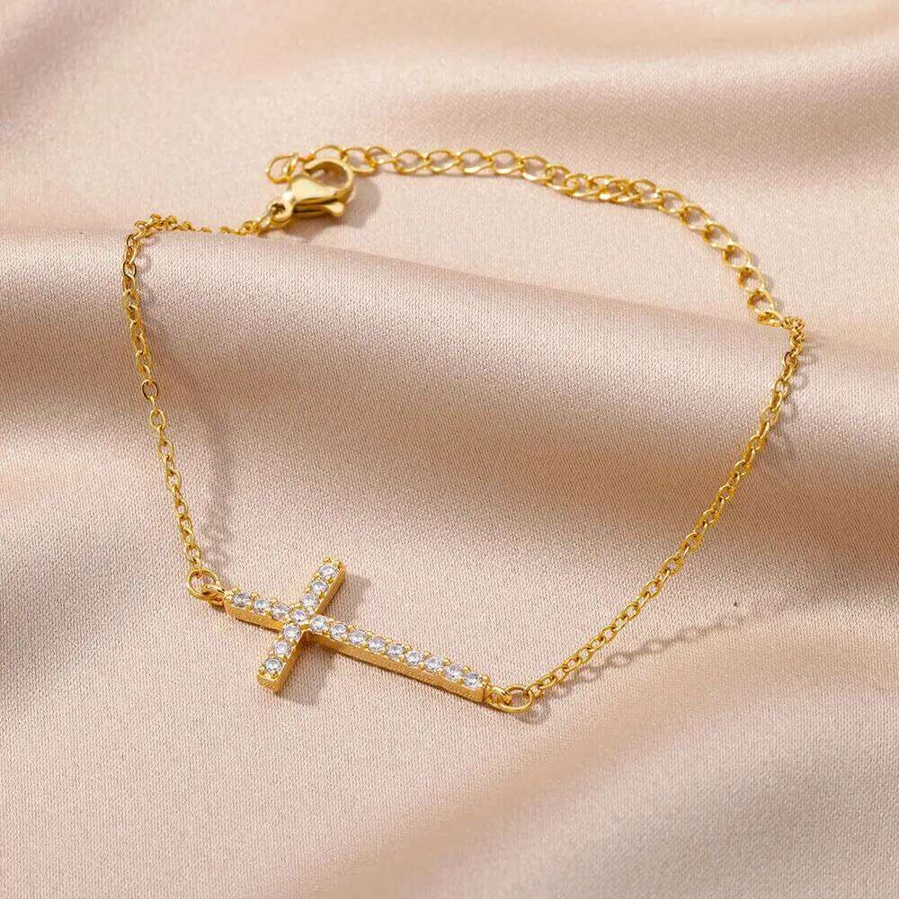 Crystal Bracelets For Women Fashion Gold Plated Stainless Steel Cross Bracelet Vintage Religion Aesthetic Jewelry Gift 25H1229
