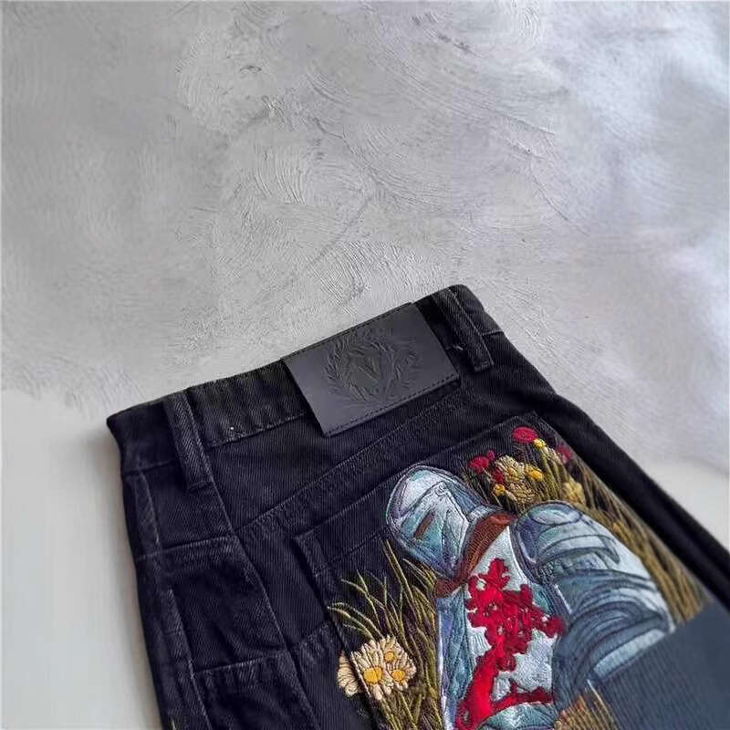 European and Cross-Border American High Street Fashion Trendy Style Jeans Elastic Versatile Embroidered Vintage Personality Straight Long Pants
