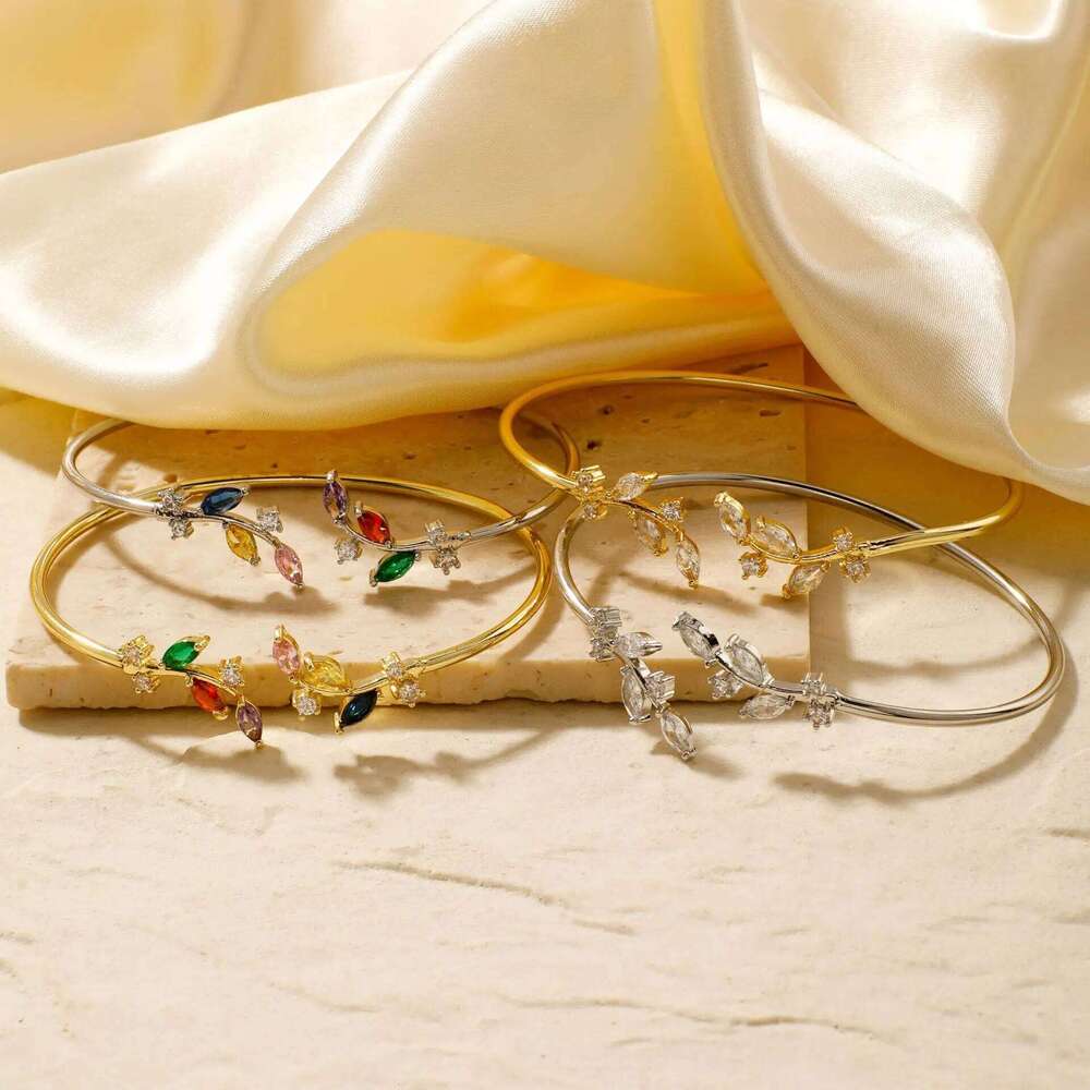 ZAKOL Simple Leaf Zircon Open Gold Color Stainless Steel Cuff Bracelet Pulseira Feminin Tiny Hand Jewelry