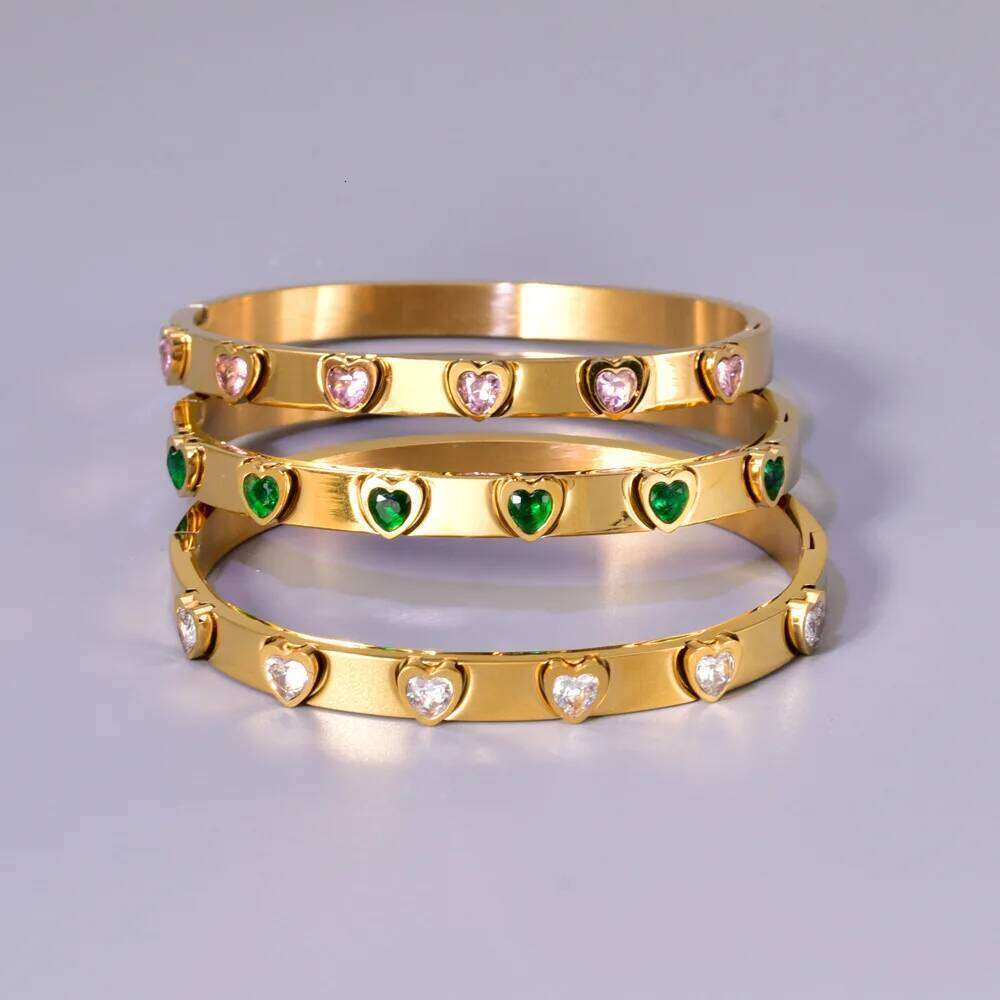 ZAKOL Green Pink Cubic Zirconia Heart Stainless Steel Bangles Bracelets for Women 18K Gold Plated Jewelry Valentine's Day Gift