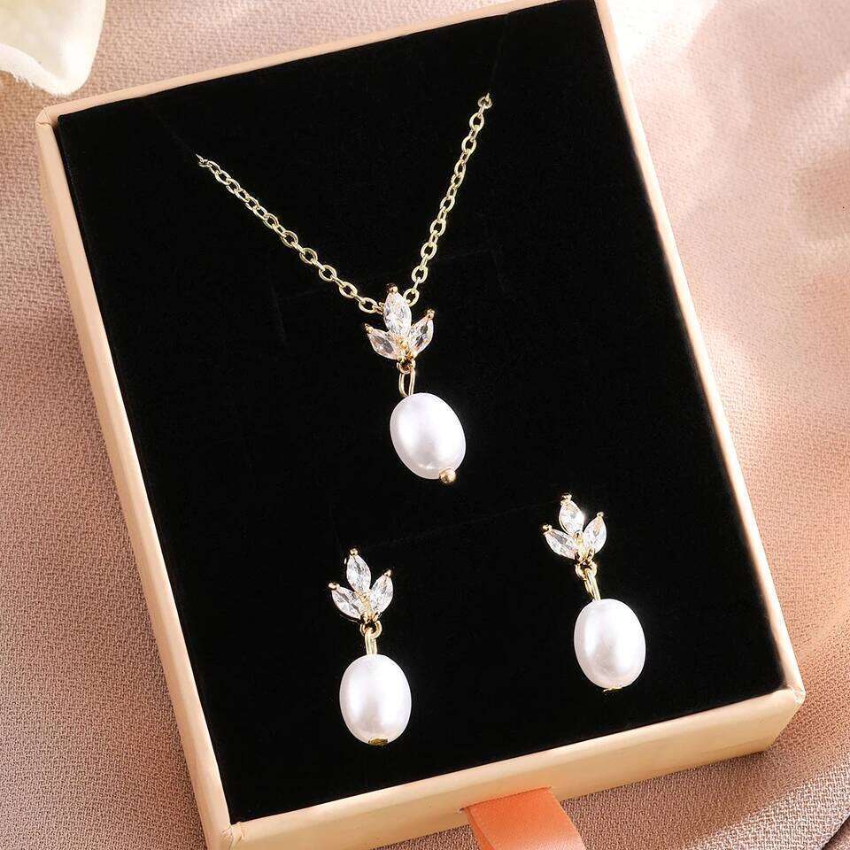 ZAKOL Elegant Shiny Zircon Imitation Pearl Pendant Earring Necklace Set for Women Luxury Party Jewelry Gifts