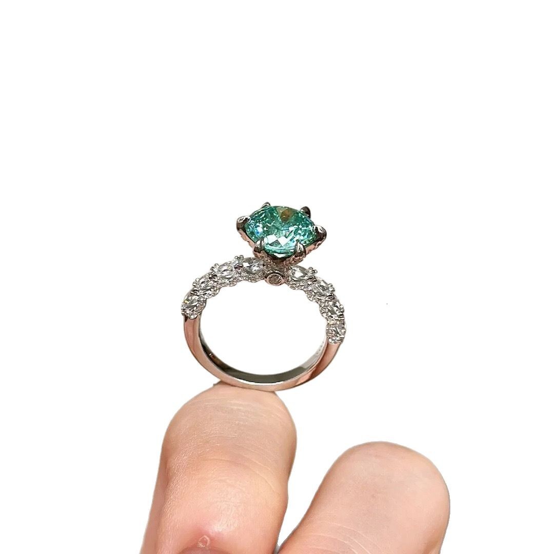 Luxury Brand Designer Jewelry Flash Paraiba Green Mint Wave Ring Light Luxury Fashion Micro-Pave 3 Fashion Green Diamond Wedding Ring Wholesale
