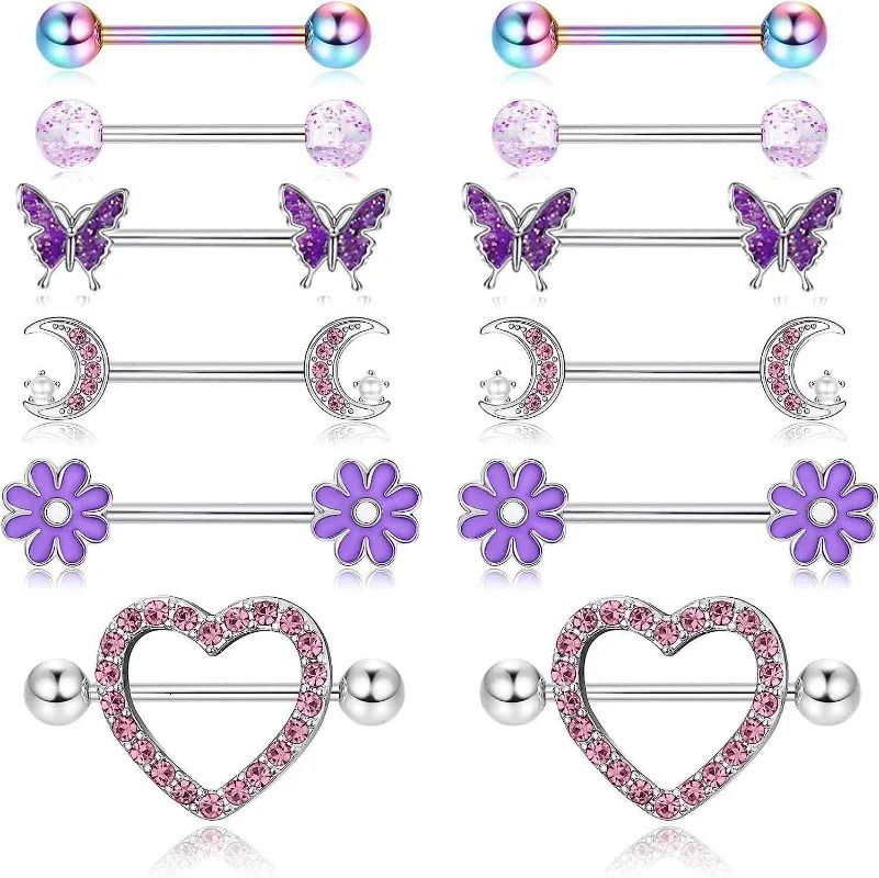12PC/Set Stainless Steel Pink Heart Moon Nipple Piercing Kit Fashion Crystal Sexy Nipple Ring Body Jewelry Perforacin Del Pezn 251224
