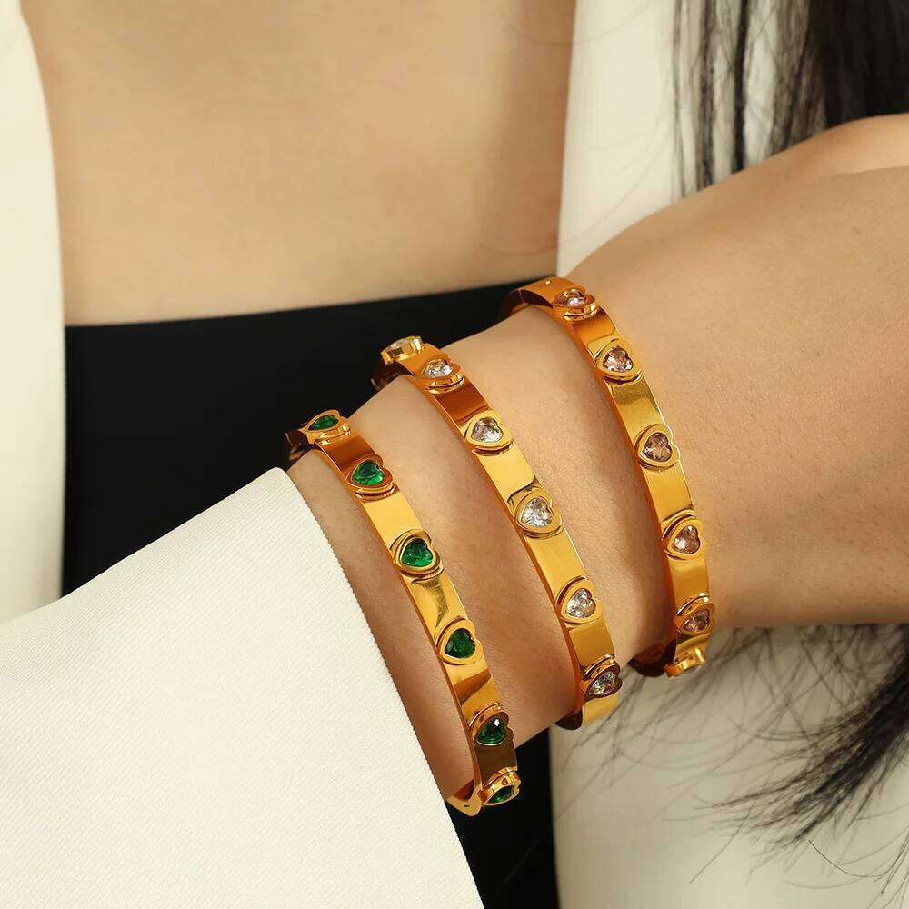ZAKOL Green Pink Cubic Zirconia Heart Stainless Steel Bangles Bracelets for Women 18K Gold Plated Jewelry Valentine's Day Gift