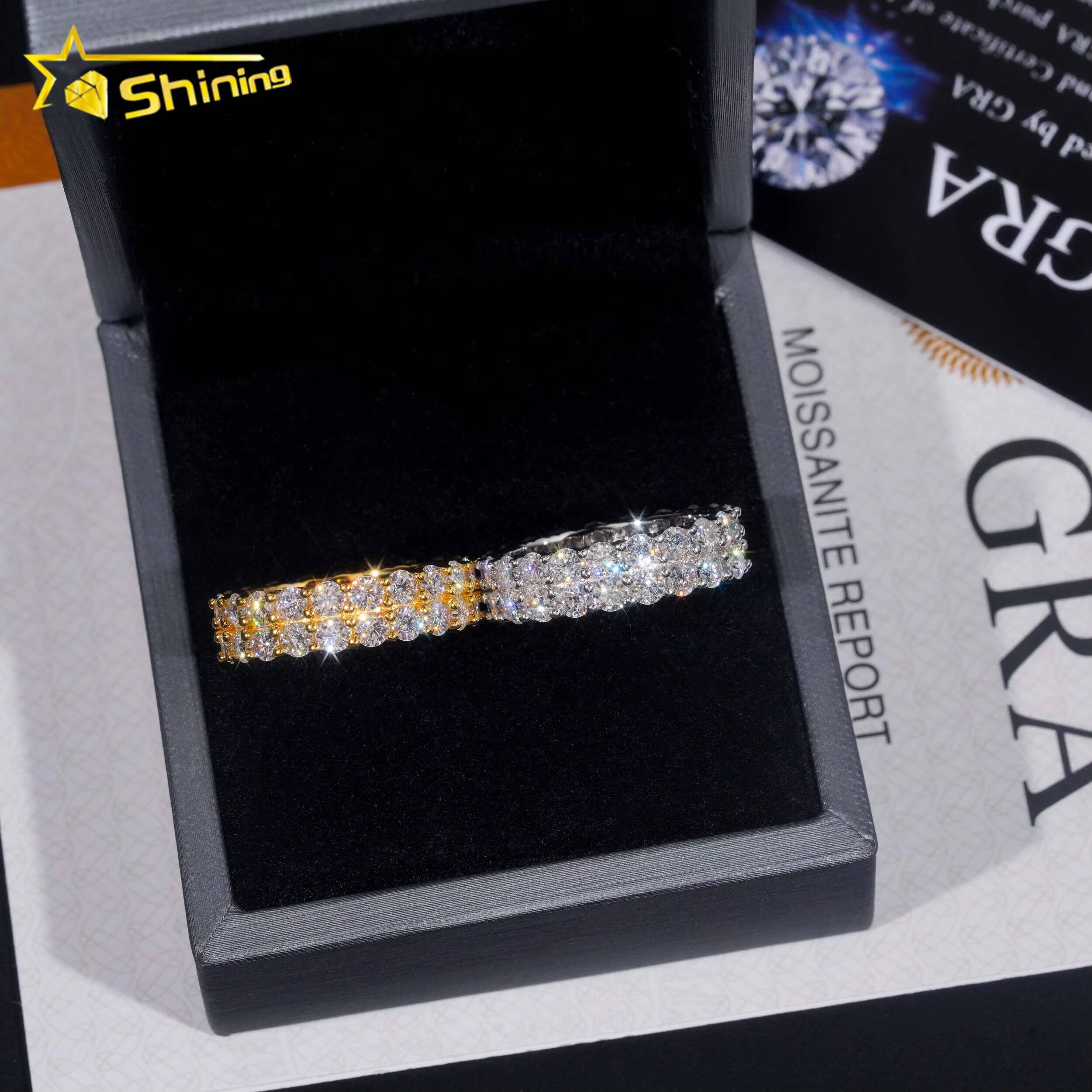 Fine Jewelry GRA Solid 925 Sterling Silver Gold Plated Iced Out Diamond Moissanite Fully Iced Double Rows Wedding Band Ring