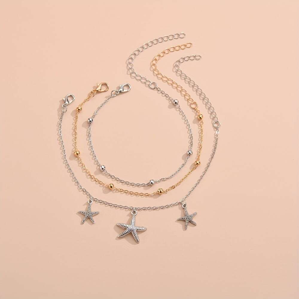 Summer Beach Starfish Pendant Beaded Three-Piece Set Round Bead O-Chain Three-Layer Stacked Fashion Women's Anklet