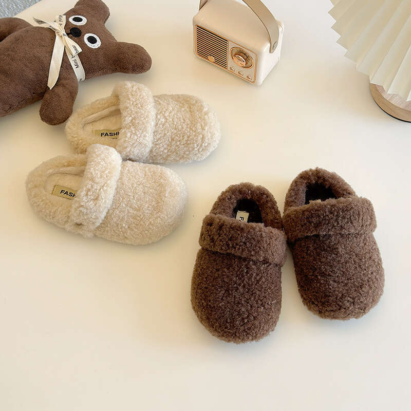 INS Closed-Toe Half 2024 Autumn Winter New Korean Style Children's Fleece-Lined Two-Way Wear Fluffy Lazy Slip-On Slippers