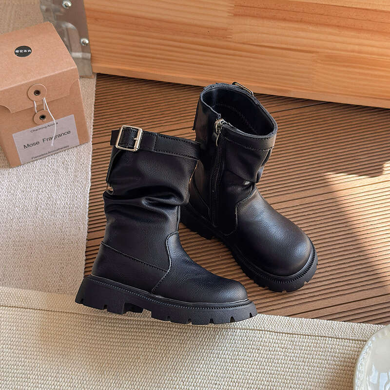 Children's Pile 2025 Autumn Winter New Korean Style Girls' Fleece-Lined Wrinkled Short Retro Slimming Riding Boots