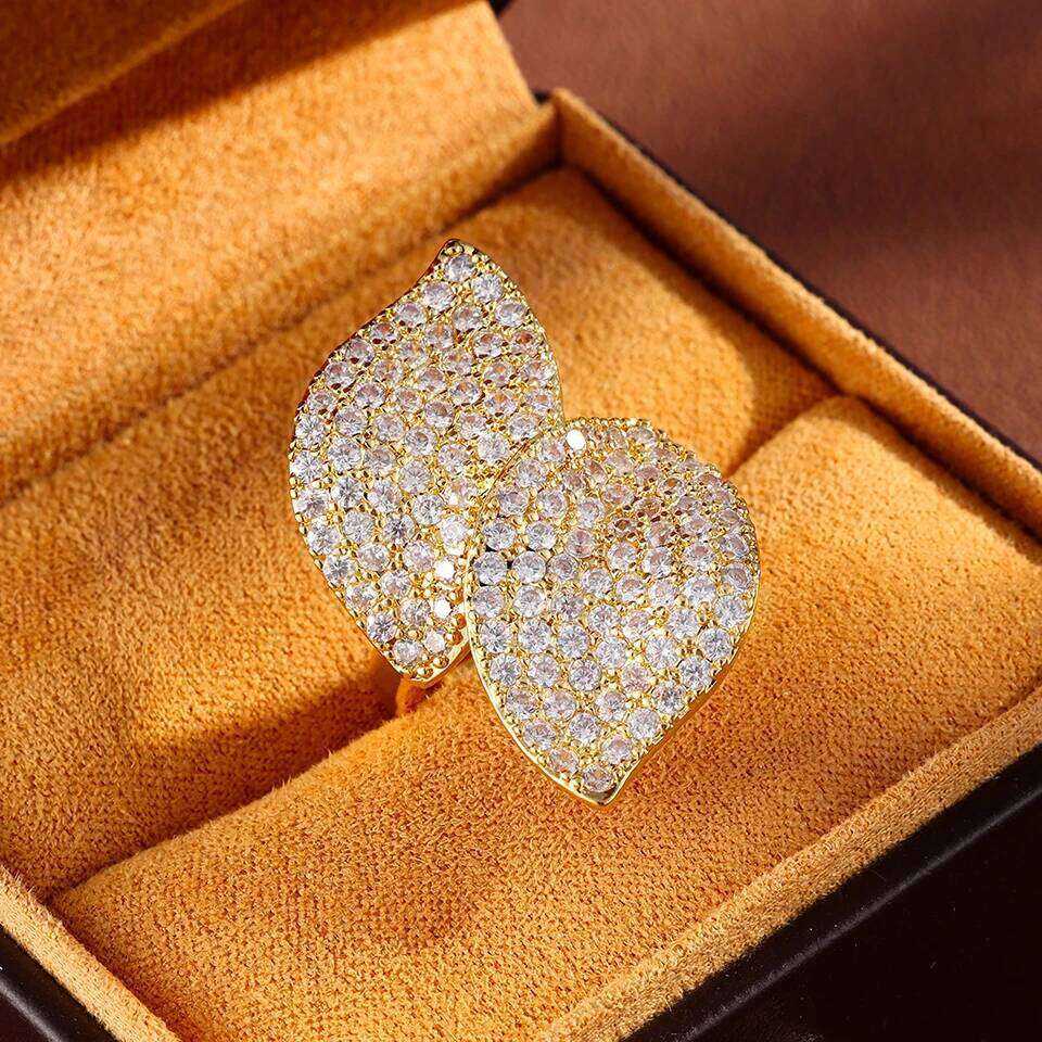 ZAKOL Fashion Shiny Zirconia Leaf Adjustable Opening Ring Elegant Gorgeous Crystal Female Engagement Wedding Jewelry
