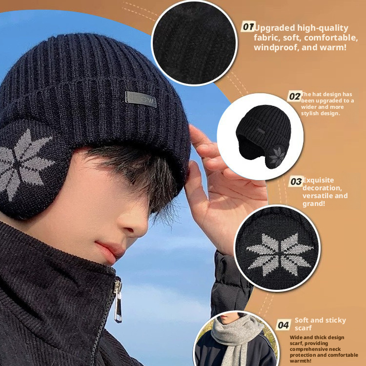 Ear Muffs Winter Knit Beanie with Ear Flaps - Thick Warm Fleece Lined Skull Cap for Men Women, Snowflake Pattern Cold Weather Headwear Beanie003