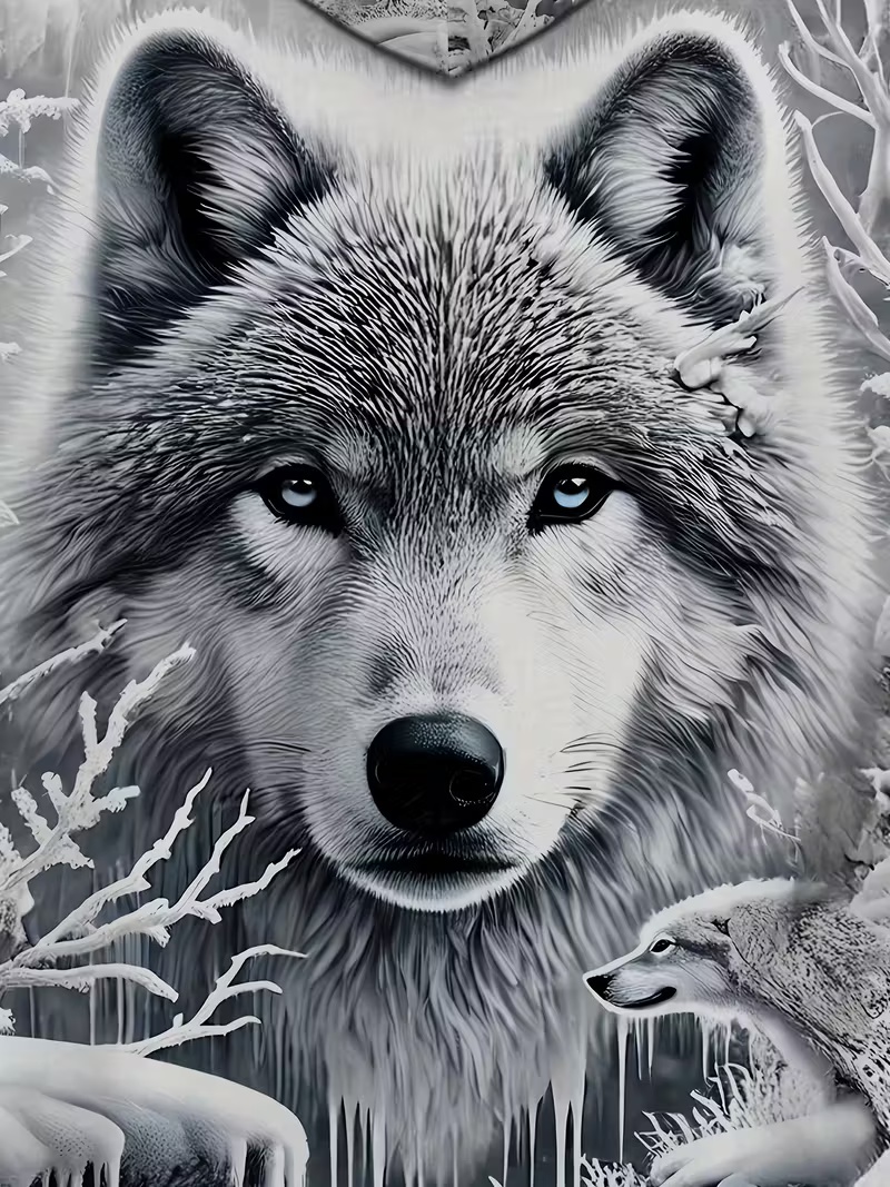 Fall/Winter Men's Hooded Sweatshirt 3D Snow Wolf Print Black & White Trendy Oversized Pullover Unique Animal Pattern Casual Hoodie