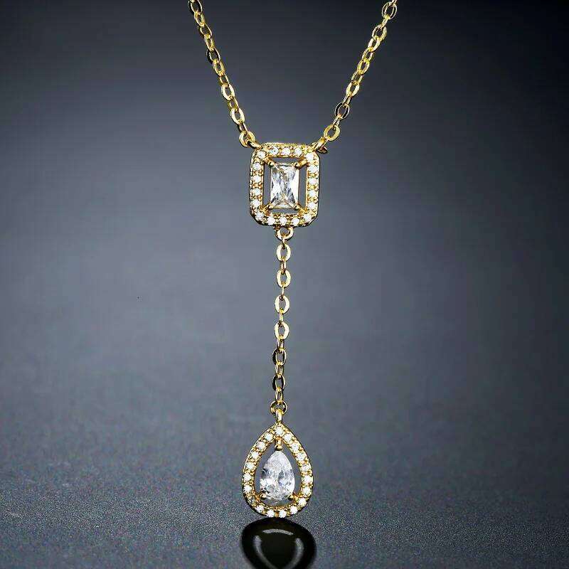 ZAKOL Classic Square Water Drop Zircon Necklace Brilliant Shiny Wedding Party Engagement Jewelry Gifts for Women